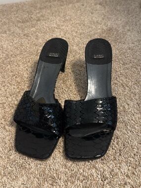 Stuart Weitzman Black Snake-Embossed Slide Mules